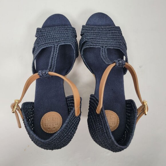 Tory Burch Carina Women's Navy Blue Straw Wedge Sandals 21138607 US Size 11M - Picture 5 of 10